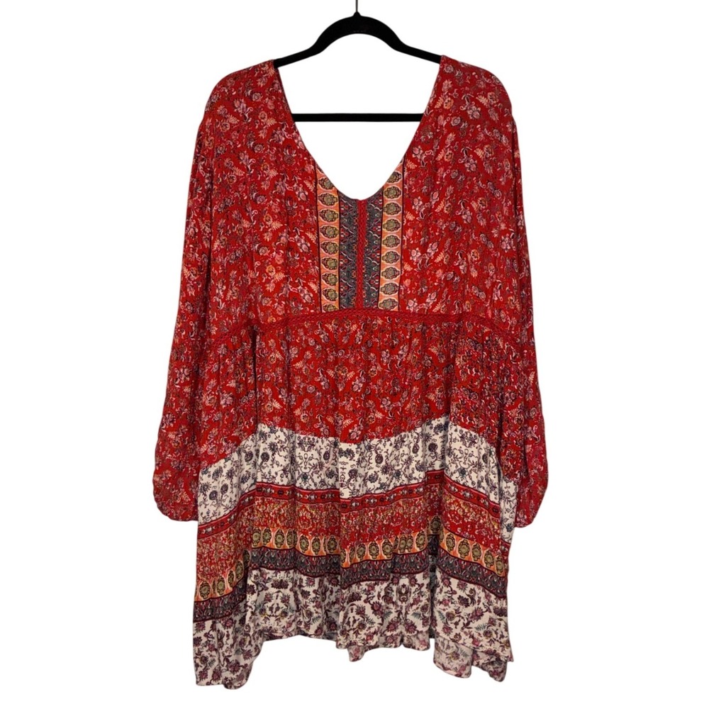 Sky And Sand Boho Tunic Dress Red Floral Mixed Print Mini Plus Size 2X Rayon